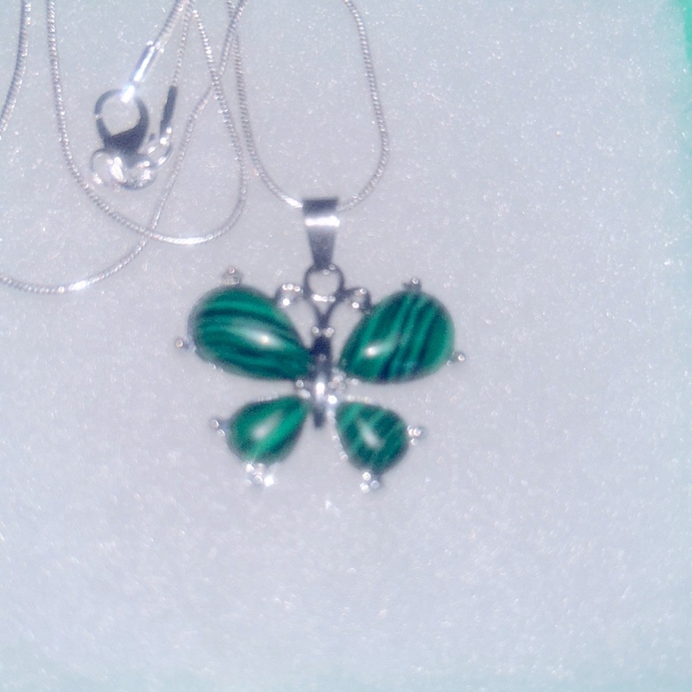 Boho hippie Faux Malachite Butterfly Sterling Silver 16” Necklace